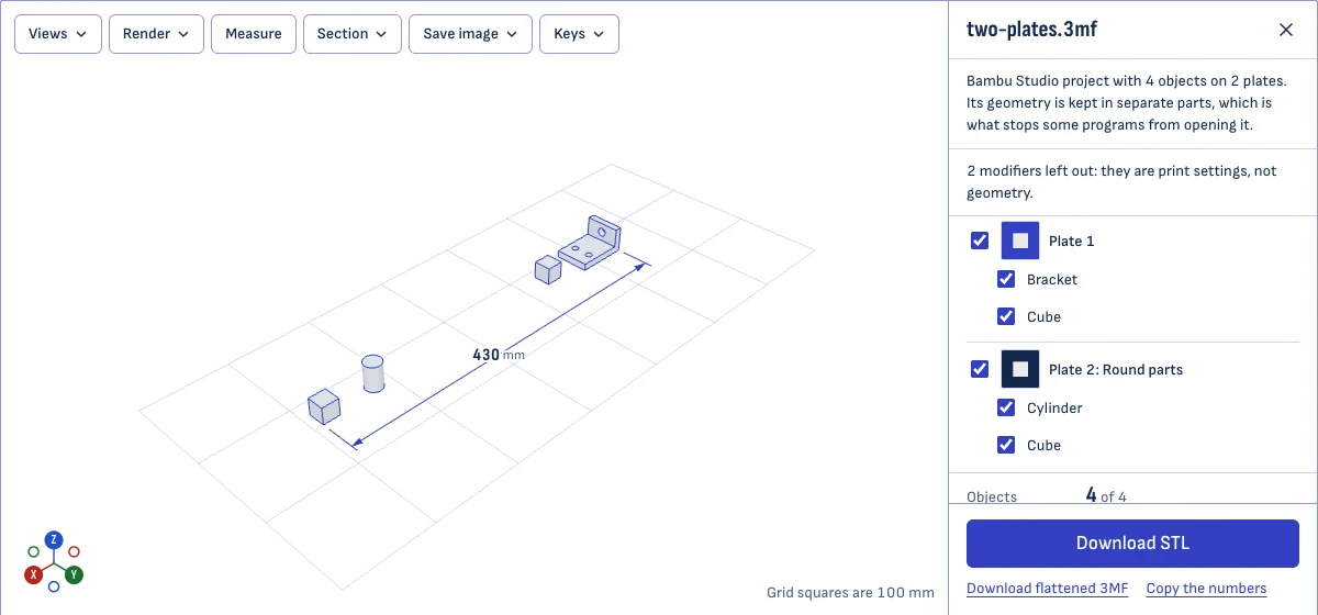 The 3MF to STL converter with a project open: four objects on two plates, each with a checkbox, a note that two modifiers were left out, and a Download STL button.