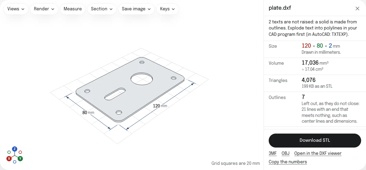 The DXF to STL converter with the sample mounting plate raised 2 mm: a flat plate with rounded corners, four small holes, a round bore and a slot, dimension lines reading 120 mm and 80 mm, a note that the drawing's 2 texts are not raised, a size of 120 × 80 × 2 mm, 7 outlines, and a Download STL button.