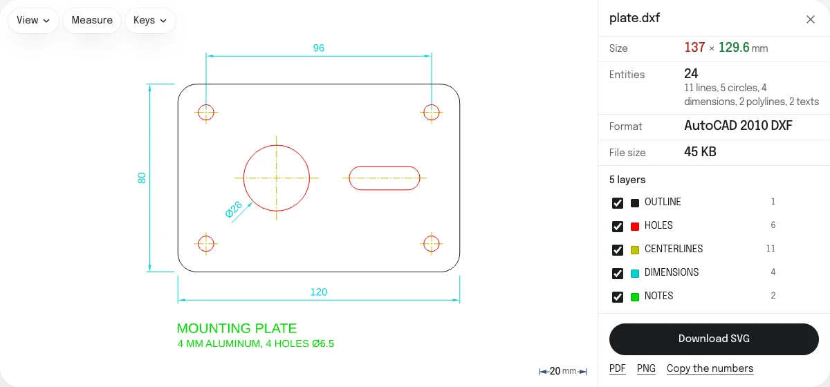 The DXF to SVG converter with the drawing of a mounting plate open: its outline, holes, center lines, dimensions and notes in five colors, a size of 137 × 129.6 mm, the list of its five layers with a checkbox each, and a Download SVG button.