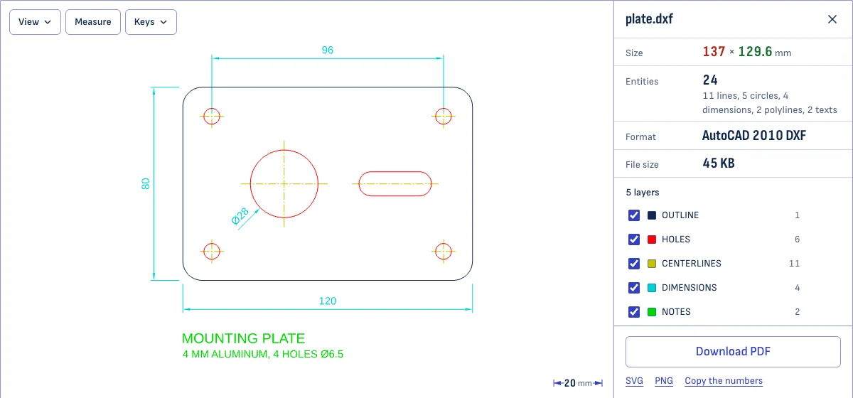The DXF viewer with the drawing of a mounting plate open: its outline, holes, center lines, dimensions and notes in five colors, and the list of its five layers with a checkbox each.