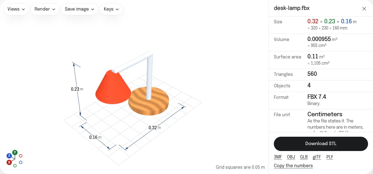 The FBX to STL converter with a desk lamp open: a round base in a picture of wood, two pale gray arms and a red shade, a size of 0.32 × 0.23 × 0.16 m, and a Download STL button with links for 3MF, OBJ, GLB, glTF and PLY.