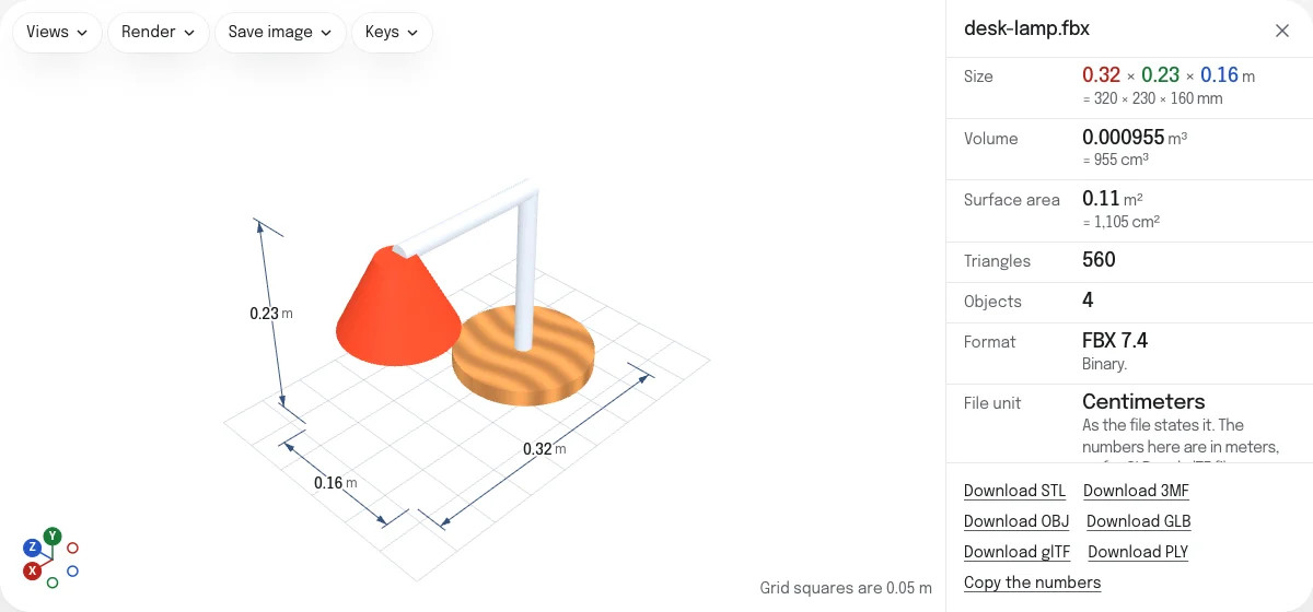 The FBX viewer with a desk lamp open: a round base in a picture of wood, two pale gray arms and a red shade hanging from the end, a size of 0.32 × 0.23 × 0.16 m, and rows giving FBX 7.4, binary, in centimeters.