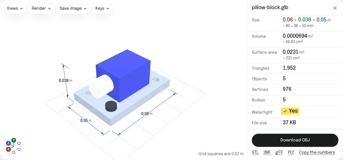 The GLB to OBJ converter with an assembly of five parts open: a plate, a blue block, a shaft and two screws, a size of 0.08 × 0.038 × 0.05 m, and a Download OBJ button with links for STL, 3MF, glTF and PLY.