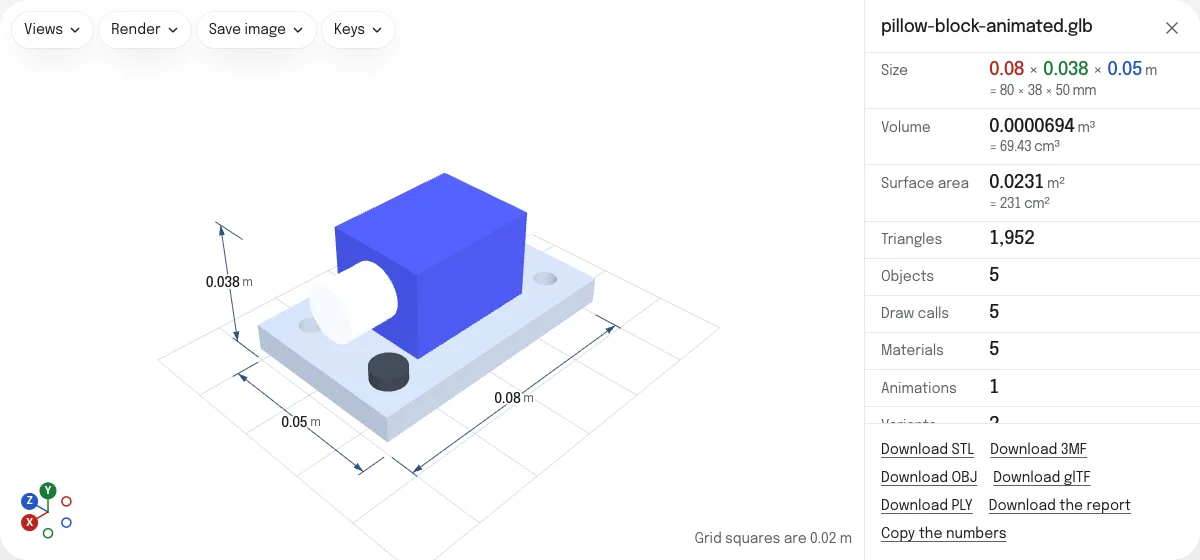 The GLB viewer with an assembly of five parts open: a plate, a blue block, a shaft and two screws, a size of 0.08 × 0.038 × 0.05 m, 5 draw calls, 5 materials and 1 animation.
