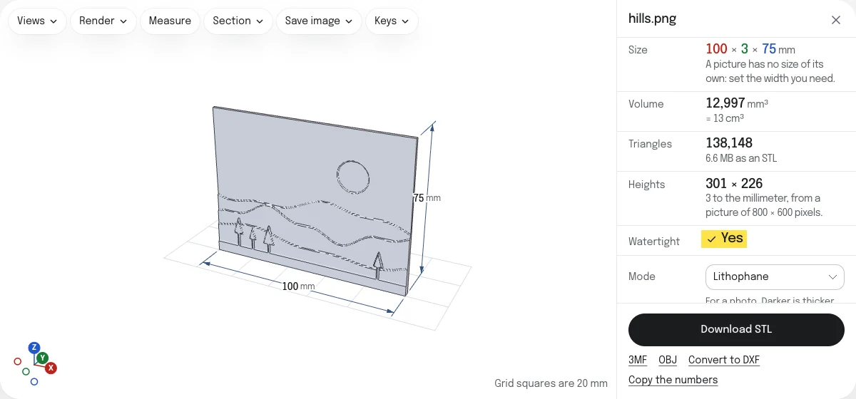 The image to STL converter with a picture of hills under a low sun made into a lithophane: a thin plate standing on its edge, the hills and firs in relief on its front, dimension lines reading 100 mm and 75 mm, a size of 100 × 3 × 75 mm, a check mark at Watertight, and a Download STL button.