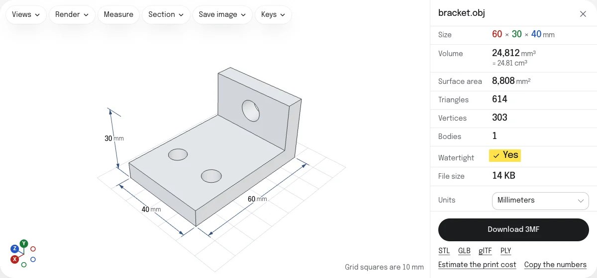 The OBJ to 3MF converter with a bracket open: an L-shaped part with three holes, a size of 60 × 30 × 40 mm, a check mark at Watertight, and a Download 3MF button with links for STL, GLB, glTF and PLY.