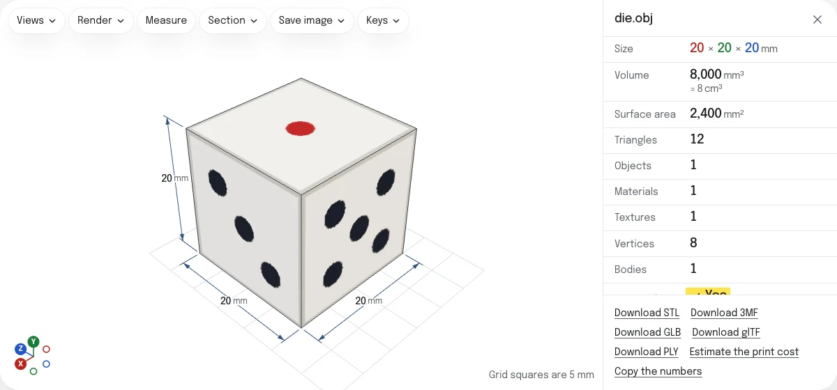 The OBJ viewer with a die open: a cube with its pips drawn from a picture, a red 1 on top, a size of 20 × 20 × 20 mm, and rows giving 1 object, 1 material and 1 texture.
