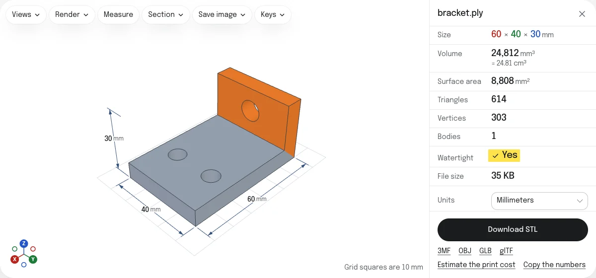 The PLY to STL converter with a bracket open, its base gray and its wall orange from the colors of its vertices, a size of 60 × 40 × 30 mm, a check mark at Watertight, and a Download STL button.