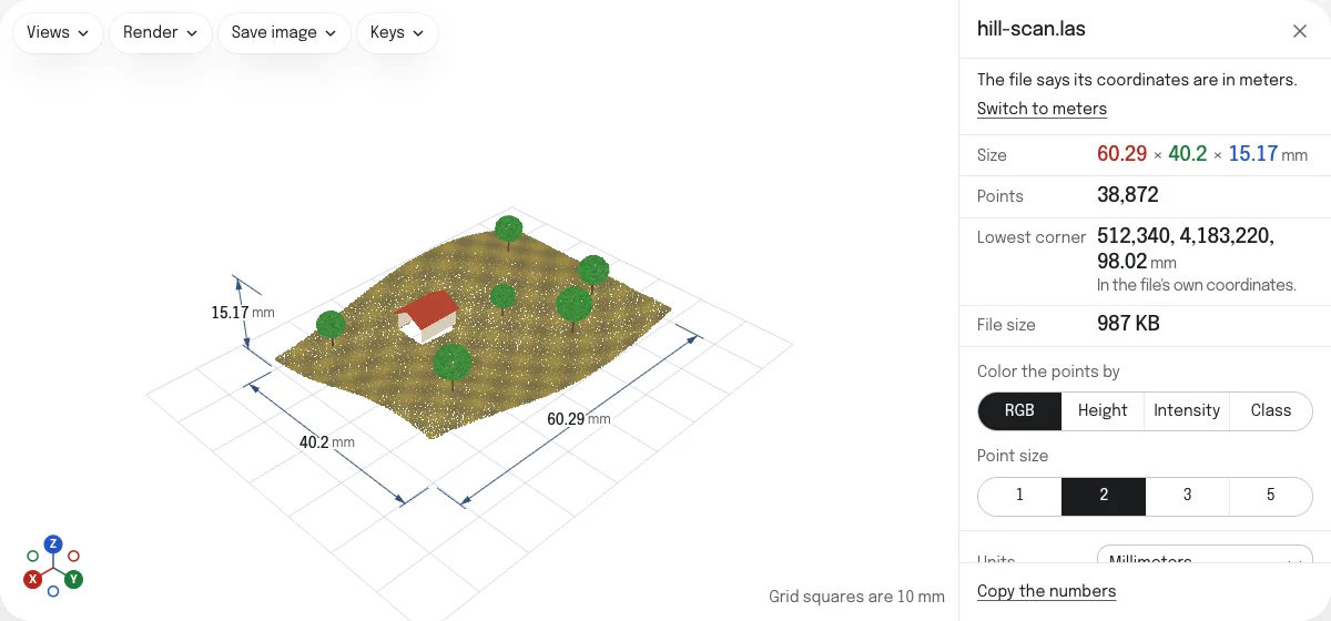 The point cloud viewer with a scan of a hillside open in the colors of its points: the ground in brown, six trees in green and a house with a red roof, 38,872 points, and its lowest corner at 512,340 and 4,183,220 on its map.