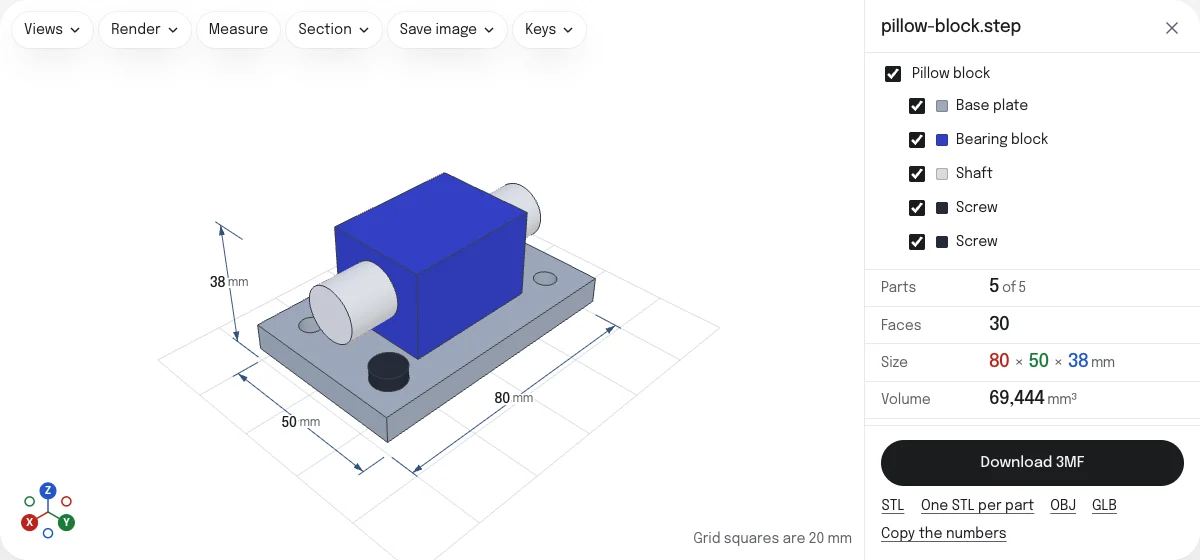 The STEP to 3MF converter with an assembly of five parts open: a plate, a blue block, a shaft and two screws, a list of the parts with their colors, a size of 80 × 50 × 38 mm, and a Download 3MF button with links for STL, one STL per part, OBJ and GLB.