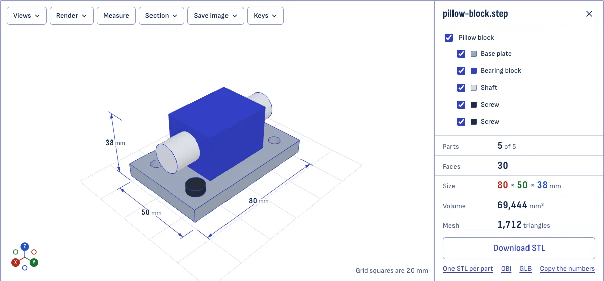 The STEP viewer with a small assembly open: a plate, a block, a shaft and two screws in their own colors, a list of the five parts with a checkbox each, and a size of 80 × 50 × 38 mm.