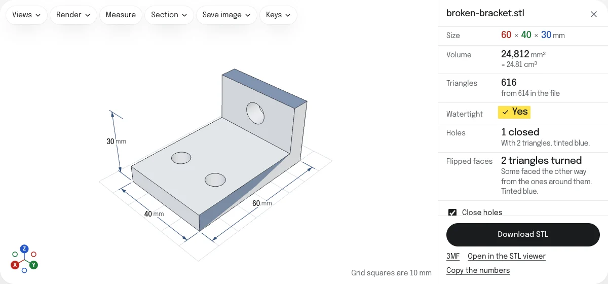 STL repair with the sample bracket open: the patch that closes a hole in its side and the top of its wall tinted blue, dimension lines reading 60, 40 and 30 mm, a check mark at Watertight, and rows saying 1 hole closed and 2 triangles turned.