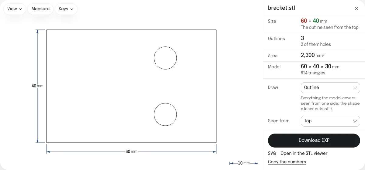 The STL to DXF converter with the sample bracket open: its outline seen from the top, a 60 by 40 mm rectangle with two round holes, dimension lines reading 60 mm and 40 mm, and a Download DXF button.