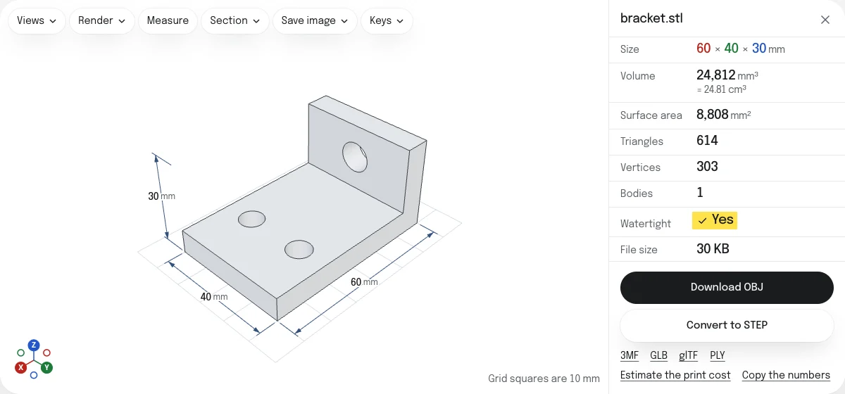 The STL to OBJ converter with a bracket open: an L-shaped part with three holes, a size of 60 × 40 × 30 mm, a check mark at Watertight, and a Download OBJ button with links for 3MF, GLB, glTF and PLY.