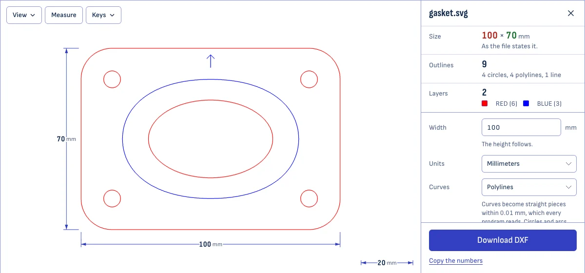 The SVG to DXF converter with a gasket open: the outlines in red and blue as two layers, dimension lines reading 100 mm and 70 mm, and a Download DXF button.
