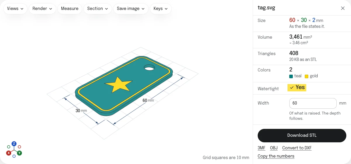 The SVG to STL converter with a key tag open: a flat tag with a hole, and a rim and a star in a second color, dimension lines reading 60 mm and 30 mm, a size of 60 × 30 × 2 mm, a check mark at Watertight, and a Download STL button.